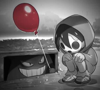 1boy allister_(pokemon) alternate_costume animated balloon coat east-west_crossover gen_1_pokemon gengar grass greyscale hands_on_own_knees holding holding_balloon hood hood_up it_(stephen_king) long_sleeves male_focus mask meme mikripkm monochrome nintendo outdoors pennywise_in_the_sewer_(meme) pokemon pokemon_(creature) pokemon_sword_and_shield rain shoes spot_color squatting storm_drain tagme video