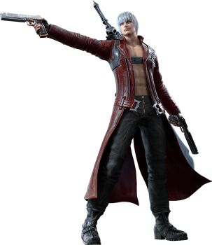 1boy 3d abs absurdres belt black_gloves black_pants blue_eyes chest_harness coat dante_(devil_may_cry) devil_may_cry devil_may_cry:_peak_of_combat devil_may_cry_(series) devil_may_cry_3 ebony_&amp;_ivory fingerless_gloves gloves gun harness highres holding holding_gun holding_weapon looking_to_the_side navel no_shirt official_art open_belt open_clothes open_coat pants rebellion_(sword) red_belt red_coat sword sword_on_back third-party_source weapon weapon_on_back white_hair