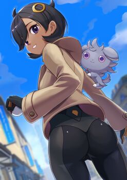 1girl ass black_hair blue_sky bodysuit building dark-skinned_female dark_skin emma_(pokemon) espurr from_behind gen_6_pokemon jacket miu_(angelo_whitechoc) nintendo pokemon pokemon_legends:_z-a purple_eyes short_hair sky teeth