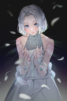 Rule 34 | 1girl, armpit crease, bare shoulders, black background, blue eyes, blue ribbon, braid, bridal gauntlets, collarbone, commentary, cowboy shot, dress, emphasis lines, falling feathers, feathers, fingernails, gakuen idolmaster, gloves, gradient background, grn kk, hair ribbon, half up braid, halter dress, halterneck, hands up, highres, idolmaster, katsuragi lilja, lace, lace gloves, looking at viewer, medium hair, parted lips, ribbon, ribbon braid, sleeveless, sleeveless dress, sleeveless turtleneck, solo, sparkle, turtleneck, turtleneck dress, white dress, white hair