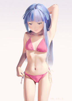 1girl arm_behind_head arm_up bad_id bad_pixiv_id bikini blue_hair breasts closed_mouth commentary cowboy_shot dated_commentary english_commentary facing_viewer female_focus furude_rika half-closed_eyes halterneck highres higurashi_no_naku_koro_ni hime_cut lips loli long_hair looking_down navel pink_bikini purple_eyes side-tie_bikini_bottom sidelocks simple_background small_breasts solo standing sweetonedollar swimsuit upper_body white_background