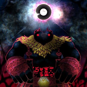closed_eyes feathers heart highres horns kirby_(series) kirby_star_allies nintendo no_humans otofu_(vadt8327) red_eyes star_(sky) void_(kirby) void_termina void_termina_(demon_god_form) yellow_feathers
