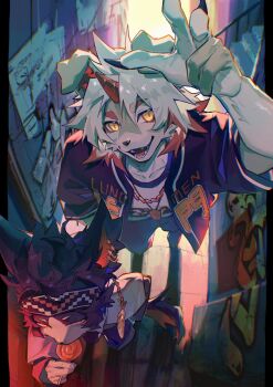 2boys aak_(arknights) animal_ears arknights black_claws candy claws ear_piercing fangs food furry furry_male furry_with_furry graffiti headband highres holding holding_candy holding_food holding_lollipop horns hung_(arknights) jacket jewelry lollipop looking_at_viewer multicolored_hair multiple_boys mythological_creature necklace open_mouth piercing poster_(object) single_horn streaked_hair tail v xiao_(creation0528)