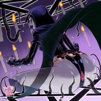 1girl artist_logo artist_name ass black_cape black_hood black_leotard black_lips candle cape colored_skin curvy dc_comics grey_skin highleg highleg_leotard highres huge_ass leotard logo open_clothes raven_(dc) shiny_skin sitting solo teen_titans thong_leotard whox wide_hips