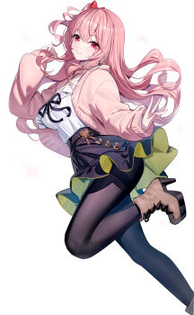 1girl black_pantyhose black_ribbon black_skirt blush boots bow breasts brown_boots closed_mouth commentary_request emily_stock feet_out_of_frame frilled_shirt frills hair_between_eyes hair_bow hand_up high_heel_boots high_heels highres jacket lace-up_boots long_hair long_sleeves looking_at_viewer medium_breasts one_side_up open_clothes open_jacket original pantyhose pink_hair pink_jacket puffy_long_sleeves puffy_sleeves red_bow red_eyes ribbon ririko_(zhuoyandesailaer) shirt simple_background skirt sleeves_past_wrists smile solo thighband_pantyhose very_long_hair white_background white_shirt