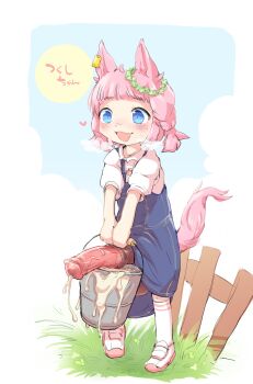 1futa animal_ears animal_penis blue_dress blue_eyes blush borrowed_character breath bucket character_name commentary_request cum cumdrip dress ear_tag ejaculation fence futanari grass heart heavy_breathing highres holding holding_bucket horse_ears horse_girl horse_penis horse_tail huge_penis ko-tsuki loli low_twintails open_mouth original outdoors penis pinafore_dress pink_hair pink_shoes shirt shoes short_twintails sleeveless sleeveless_dress socks solo standing tail tareme testicles twintails uncensored veins veiny_penis white_shirt wreath