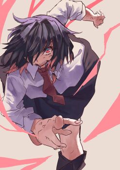 1girl absurdres black_boots black_hair black_skirt boots bow collar dashing hair_bow highres long_sleeves muraryo no_headwear one_eye_covered open_mouth running shirt short_hair skirt sleeve_cuffs solo sweat touhou usami_renko white_background white_bow white_collar white_shirt