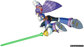 1girl android breasts chest_jewel clenched_hands clenched_teeth commission dark-skinned_female dark_skin dashing diegodoodles energy_blade energy_sword hair_over_eyes headgear headset highres hime_cut jewelry large_breasts layer_(mega_man) long_hair mega_man_(series) mega_man_x4 mega_man_x_(series) mole mole_under_eye navigator purple_hair robot_ears robot_girl solo solo_focus sword teeth underboob weapon