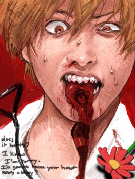 1boy 1girl 909_y5 blood chainsaw_man denji_(chainsaw_man) english_text flower hashtag-only_commentary highres orange_eyes orange_hair pull_cord red_background red_flower reze_(chainsaw_man) sharp_teeth shirt short_hair sweat teeth tongue tongue_out white_shirt