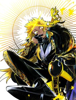 1boy black_gloves black_necktie black_pants black_shirt black_suit blonde_hair crossed_legs fate_(series) floral_print formal_clothes fur_scarf gloves half_gloves head_tilt highres koha-ace kuriimu0203 long_hair long_sleeves looking_at_viewer male_focus necktie pants print_vest shirt sitting solo suit teeth toyotomi_hideyoshi_(fate) upper_teeth_only very_long_hair yellow_eyes