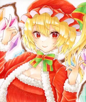 Rule 34 | 1girl, alternate costume, alternate headwear color, blonde hair, bow, bowtie, breasts, capelet, cleavage, closed mouth, commentary request, crystal, crystal wings, dress, flandre scarlet, fur-trimmed dress, fur-trimmed sleeves, fur trim, green bow, green bowtie, hat, kapibaradon0405, long sleeves, looking at viewer, mob cap, multicolored wings, one side up, red capelet, red dress, red eyes, red hat, santa costume, santa dress, smile, solo, touhou, watermark, wings