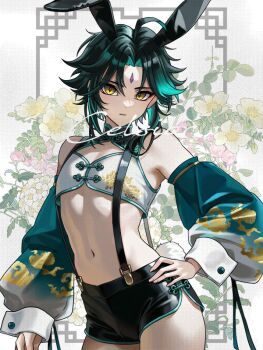 1boy ahoge alternate_costume androgynous animal_ears armpit_crease artist_name bare_shoulders black_hair black_shorts border bulge chinese_clothes cinquecento clothing_cutout cowboy_shot cropped_shirt detached_sleeves diamond-shaped_pupils diamond_(shape) dolphin_shorts facial_mark fake_animal_ears floral_print flower forehead_mark genshin_impact gradient_hair green_hair green_sleeves hair_intakes hand_on_own_hip long_sleeves looking_at_viewer male_focus mandarin_collar multicolored_hair navel ornate_border outside_border pankou parted_bangs parted_lips puffy_long_sleeves puffy_sleeves rabbit_ears rabbit_tail shirt short_hair short_shorts shorts side_slit sleeveless sleeveless_shirt solo stomach suspender_shorts suspenders symbol-shaped_pupils thighs two-tone_hair two-tone_sleeves white_background white_sleeves white_wrist_cuffs wrist_cuffs xiao_(genshin_impact) yellow_eyes