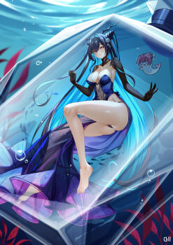 Rule 34 | 1girl, absurdly long hair, absurdres, aqua hair, arefoot, black hair, black panties, black shrug, blue dress, breasts, commentary, commentary request, d. joko, doro (nikke), dress, english commentary, feet, goddess of victory: nikke, hair intakes, highres, large breasts, little mermaid (abyss flower) (nikke), little mermaid (nikke), long hair, mixed-language commentary, multicolored hair, official alternate costume, panties, shrug (clothing), solo, thighs, toes, two-tone hair, underwater, underwear, very long hair