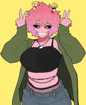 1girl absurdres alternate_costume ashido_mina belly_chain black_camisole black_sclera boku_no_hero_academia breasts camisole casual colored_sclera colored_skin crop_top denim double_v fishnet_panties fishnets gradient_hair green_jacket grin hands_up highres horn_ornament horns jacket jewelry large_breasts long_sleeves looking_at_viewer loopvoid messy_hair multicolored_hair navel necklace open_clothes open_jacket panties panty_peek pendant pink_hair pink_skin ring short_hair sleeves_past_wrists smile solo underwear v v-shaped_eyebrows yellow_eyes yellow_horns