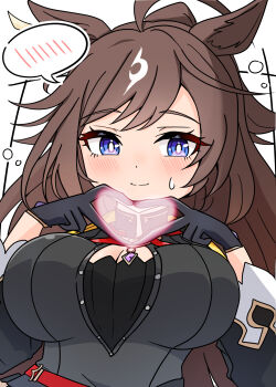 1girl absurdres ahoge animal_ears arnolddayo black_dress black_gloves black_jacket blue_eyes blush breasts brown_hair cleavage closed_mouth commentary_request dress duramente_(red_in_black)_(umamusume) duramente_(umamusume) four-finger_heart_hands gloves hair_between_eyes heart heart_hands highres horse_ears horse_girl jacket large_breasts long_hair long_sleeves looking_at_viewer multicolored_hair smile solo speech_bubble streaked_hair sweatdrop umamusume upper_body white_hair
