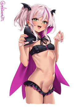 1girl :d bikini black_bikini black_cloak blush breasts brown_eyes claw_pose cloak comandante_cappellini_(halloween)_(kancolle) comandante_cappellini_(kancolle) commentary_request cowboy_shot cropped_legs ebifurya fangs frilled_bikini frills groin hands_up high_collar highres kantai_collection looking_at_viewer lowleg lowleg_bikini multicolored_hair nail_polish navel one-hour_drawing_challenge open_mouth pink_hair purple_hair red_nails ribs simple_background small_breasts smile solo strapless strapless_bikini streaked_hair swimsuit twintails twitter_username white_background