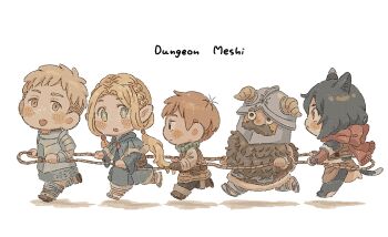 2girls 3boys armor barefoot beard beard_over_mouth belt_pouch black_fur black_hair blonde_hair blue_capelet blue_robe body_fur boots braid brown_footwear brown_hair capelet cat_girl cat_tail chibi chibi_only chilchuck_tims copyright_name dungeon_meshi dwarf elf facial_hair fake_horns green_eyes green_scarf hair_around_ear halfling helmet highres holding holding_rope hood hooded_capelet horned_helmet horns izutsumi laios_touden large_ears leather_armor long_beard low_twintails marcille_donato moku_(itmne26) multiple_boys multiple_braids multiple_girls mustache neck_warmer parted_bangs plate_armor pointy_ears pouch red_scarf robe rope rope_train sandals scarf senshi_(dungeon_meshi) shadow simple_background tail thick_mustache twintails very_long_beard white_background yellow_eyes