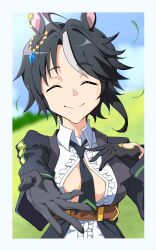 Rule 34 | 1girl, absurdres, ahoge, animal ears, black hair, black jacket, black necktie, blue sky, border, bow, breasts, brown bow, center frills, cleavage, closed eyes, closed mouth, cloud, commentary request, day, ear ornament, ear piercing, frilled shirt, frills, fuji kiseki (umamusume), gloves, grass, hair between eyes, hand on own chest, highres, horse ears, horse girl, jacket, long sleeves, medium breasts, multicolored hair, necktie, partially unbuttoned, piercing, reaching, reaching towards viewer, sailor collar, shirt, short hair, sidelocks, sky, smile, socom (tmjn8772), solo, standing, streaked hair, umamusume, umamusume: beginning of a new era, underbust, upper body, white border, white hair, white shirt
