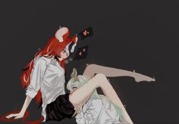 2girls alternate_hair_length alternate_hairstyle animal_ears barefoot between_legs bite_mark bite_mark_on_thigh black_background black_skirt black_streaks blush cecilia_immergreen collared_shirt commentary cunnilingus doll_joints english_commentary green_eyes green_streaks hakos_baelz hand_on_another&#039;s_thigh heart highres hololive hololive_english joints long_hair looking_at_another mouse_ears mouse_tail multiple_girls oiashmiyau open_mouth oral pleated_skirt red_eyes red_hair school_uniform shirt simple_background skirt spoken_heart tail virtual_youtuber white_hair white_shirt white_streaks winding_key yuri
