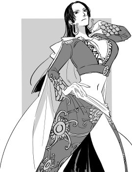 1girl absurdres boa_hancock breasts cape cleavage closed_mouth commentary cowboy_shot crop_top earrings epaulettes eyelashes greyscale hand_on_own_hip highres hood hooded_cape jewelry kuja_pirates_jolly_roger large_breasts long_hair long_sleeves midriff monochrome navel one_piece side_slit sidelocks snake_earrings solo yao_yasan