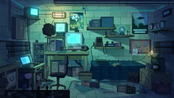 absurdly_detailed_composition absurdres aimeedrawsstuff basement bed bedroom board_game book book_stack bookshelf bottle bulletin_board cable camera chair chess chess_piece clock commentary computer computer_mouse crt cup desk english_commentary highres indoors interior lamp laptop loaded_interior monitor no_humans original paper phone pillow plant poster_(object) potted_plant scenery shelf table television vase wide_shot