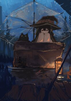 1girl 1other absurdres bandages black_cape black_cat cape cat chomusuke dress hat head_on_knees highres kono_subarashii_sekai_ni_shukufuku_wo! koukouya lamp looking_down looking_up megumin night outdoors pet rain red_dress sad short_hair_with_long_locks sitting sky staff umbrella under_umbrella water_drop witch_hat