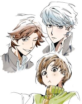 1girl 2boys :t black_jacket brown_hair closed_mouth collared_shirt commentary cropped_torso green_jacket grey_hair hanamura_yousuke highres jacket kettodango light_blush looking_at_viewer multiple_boys narukami_yu one_eye_closed parted_lips persona persona_4 satonaka_chie school_uniform shirt short_hair track_jacket upper_body white_background white_shirt yasogami_school_uniform