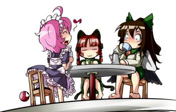 3girls :3 ahoge alternate_costume animal_ears apron barefoot bird_wings bloomers bow braid brown_hair cape cat_ears cat_girl cat_tail chair closed_eyes clothes_lift coffee_pot cup dress drinking enmaided female_focus from_below hair_bow kaenbyou_rin komeiji_satori long_sleeves maid maid_apron maid_headdress multiple_girls multiple_tails musical_note open_mouth pink_hair red_hair reiuji_utsuho short_hair simple_background sitting skirt skirt_lift sokutenkun table tail third_eye touhou tray twin_braids underwear waist_apron white_background wings