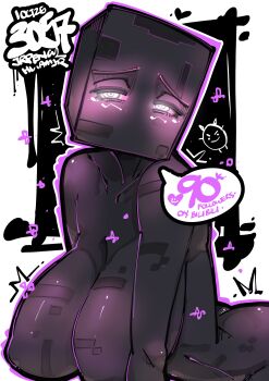 1girl absurdres artist_name bilingual_commentary black_skin breasts colored_sclera colored_skin commentary cowboy_shot enderman english_commentary half-closed_eyes highres jrpencil large_breasts leaning_forward looking_at_viewer minecraft mixed-language_commentary no_mouth no_nipples outline purple_outline purple_sclera raised_inner_eyebrows solo speech_bubble square_head white_eyes