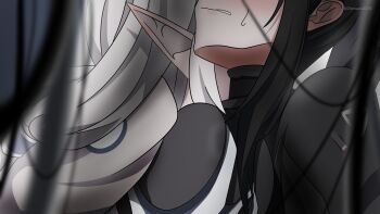 2girls absurdres black_bodysuit black_hair blue_archive bodysuit breasts chimaera_scre eyes_out_of_frame grabbing_another's_breast groping head_out_of_frame highres himari_(armed)_(blue_archive) himari_(blue_archive) jacket large_breasts long_hair multiple_girls pointy_ears ponytail rio_(armed)_(blue_archive) rio_(blue_archive) sweatdrop very_long_hair white_bodysuit white_hair yuri