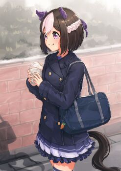 Rule 34 | 1girl, animal ears, bag, bag charm, blue bag, blue coat, bow, brown hair, bush, buttons, charm (object), chewing, closed mouth, coat, cowboy shot, double-breasted, ear bow, ear covers, eating, food, frilled skirt, frills, hair ribbon, hashtag-only commentary, highres, holding, holding food, horse ears, horse girl, horse tail, long sleeves, multicolored hair, outdoors, pleated skirt, ponpochi, purple bow, purple eyes, purple ribbon, purple skirt, ribbon, school bag, school uniform, shadow, short hair, skirt, smile, solo, special week (umamusume), steamed bun, streaked hair, tail, thighhighs, tracen school uniform, tracen winter coat, two-tone hair, umamusume, white hair, zettai ryouiki