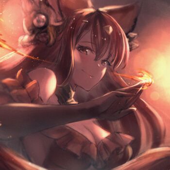 1girl animal_ears anthuria black_gloves breasts closed_mouth commentary_request elbow_gloves embers erune eyelashes fire gloves granblue_fantasy hair_between_eyes highres large_breasts long_hair looking_at_viewer pyrokinesis red_theme sassakntm solo very_long_hair