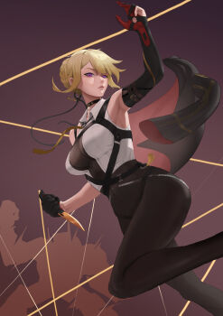 Rule 34 | 1girl, absurdres, armpit peek, black cape, black choker, black gloves, black pants, cape, chest harness, choker, clothing request, commentary, elbow gloves, english commentary, evelyn chevalier, fighting stance, gloves, hair up, harness, high-waist pants, highres, holding, holding knife, knife, latex pants, littleduck307, necktie, pants, purple eyes, tank top, tight clothes, tight pants, uneven bangs, white tank top, zenless zone zero