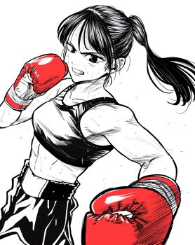 1girl abs boxing boxing_gloves boxing_shorts breasts commentary_request gloves highres lee_(dragon_garou) linea_alba monochrome motion_lines mouth_guard original ponytail punching red_gloves serious shorts small_breasts solo sports_bra spot_color toned toned_female upper_body v-shaped_eyebrows