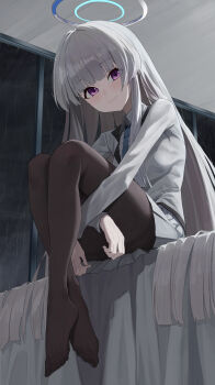 1girl absurdres backlighting black_pantyhose blue_archive blue_necktie blunt_bangs blunt_ends blush chinese_commentary closed_mouth collared_shirt commentary_request crossed_ankles feet formal_clothes full_body halo highres hime_cut hugging_own_legs indoors legs long_hair long_sleeves looking_at_viewer mechanical_halo miniskirt necktie night no_shoes noa_(blue_archive) on_bed pantyhose pleated_skirt purple_eyes rain re_naya school_uniform shirt sidelocks sitting skirt smile solo suit tareme thighband_pantyhose thighs toes very_long_hair white_halo white_shirt white_skirt white_suit window