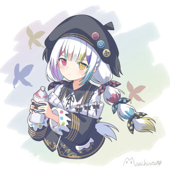 1girl beret black_bow black_jacket black_ribbon bow bug butterfly closed_mouth collared_shirt commentary_request hair_bow hat heterochromia highres holding holding_spray_can insect jacket jogasaki_noah kk0220 long_hair long_sleeves looking_at_viewer mahou_shoujo_no_majo_saiban multi-tied_hair multicolored_hair neck_ribbon paintbrush pink_eyes polka_dot polka_dot_bow ribbon shirt solo spray_can streaked_hair upper_body white_hair white_shirt yellow_eyes