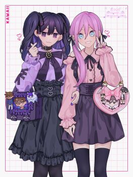 Rule 34 | 2girls, :3, alternate costume, alternate hair color, alternate hairstyle, aubrey (faraway) (omori), aubrey (omori), bag, black bag, black bow, black hair, black ribbon, black skirt, blue eyes, bow, closed mouth, commentary, double-parted bangs, ear piercing, gothic lolita, hair between eyes, hair bow, hair ribbon, handbag, hero (faraway) (omori), hero (headspace) (omori), hero (omori), highres, lolita fashion, long hair, long skirt, long sleeves, looking at viewer, low twintails, mari (faraway) (omori), mari (omori), maromichan, multiple girls, omori, open mouth, piercing, pink bag, pink hair, pink nails, purple eyes, purple hair, purple nails, ribbon, romaji commentary, sidelocks, skirt, smile, something (omori), spoilers, sunny (omori), twintails