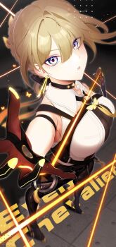 1girl absurdres arm_strap black_pants blonde_hair bug chest_harness dark_background earrings evelyn_chevalier hand_up harness high-waist_pants highres insect jeanne_d_kawaii jewelry latex_pants long_ribbon moth necktie on_floor outstretched_arms pants purple_eyes shirt solo spread_arms standing string tight_clothes tight_pants white_shirt yellow_necktie zenless_zone_zero