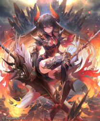Rule 34 | 1girl, armor, armored boots, armored dress, black armor, black gloves, black thighhighs, boots, breastplate, breasts, brown hair, crack, cracked floor, dragon girl, dragon horns, elbow gloves, fire, forte (shingeki no bahamut), full body, gauntlets, gloves, hair between eyes, holding, holding polearm, holding weapon, horns, lance, large breasts, long hair, looking at viewer, mikebosi, miniskirt, official art, pauldrons, polearm, red eyes, shadowverse, shoulder armor, sitting, skirt, slit pupils, solo, straight hair, thighhighs, thighs, vambraces, very long hair, watermark, weapon