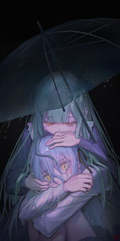 2girls absurdres bang_dream! bang_dream!_it&#039;s_mygo!!!!! black_ribbon blue_dress blue_hair chinese_commentary commentary_request crying crying_with_eyes_open dated dress green_eyes hair_ribbon highres hug hugging_own_legs long_hair long_sleeves looking_at_viewer multiple_girls ribbon ryuukou shirt tears togawa_sakiko umbrella wakaba_mutsumi wet wet_clothes wet_hair white_shirt wide-eyed yellow_eyes