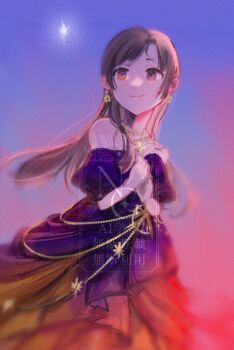 Rule 34 | 1girl, blue sky, brown dress, brown eyes, brown hair, closed mouth, commentary, dress, earrings, film grain, floating hair, gakuen idolmaster, gradient background, hamham gkms, hands on own chest, highres, idolmaster, jewelry, kuramoto china, layered dress, long dress, long hair, looking to the side, necklace, off-shoulder dress, off shoulder, pendant, purple dress, sky, smile, solo, star (sky), swept bangs, symbol-only commentary, watermark