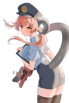 +++ 1girl 1other absurdres alternate_costume ass black_horns black_skirt blue_shirt blush breast_press breasts brown_thighhighs closed_mouth commentary_request cowboy_shot curled_horns dragon_girl dragon_horns from_side green_eyes gun hair_between_eyes hand_on_own_ass hat high-waist_skirt highres holding holding_notepad horns ikura_motimoti leaning_forward long_hair looking_at_viewer magus_(zenless_zone_zero) mechanical_horns mechanical_tail medium_breasts notepad orange_hair orange_pupils orphie_magnusson paper pencil_skirt pointy_ears police police_hat police_uniform policewoman shirt shirt_tucked_in simple_background skirt sweatdrop tail thighhighs twintails weapon white_background zenless_zone_zero