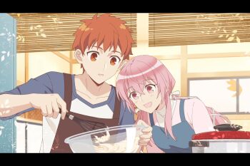 1girl alternate_universe apron black_dress blue_dress blush bow breasts cooking couple dress emiya-san_chi_no_kyou_no_gohan emiya_shirou fate/stay_night fate_(series) gaoyue_jixiang groom hair_ornament highres holding holding_spatula kitchen long_hair mixing_bowl momomiya_shizuku_(gaoyue_jixiang) oc_x_canon open_mouth orange_hair original pastels pink_eyes pink_hair raglan_sleeves red_hair ribbon smile spatula twintails whisk