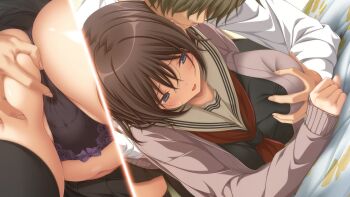 1boy 1girl absurdres anus bed black_hair black_skirt black_thighhighs blue_eyes blush bow bow_panties breasts brown_hair cameltoe cardigan choumai_sui clothes_lift dot_nose dutch_angle fingering fingering_through_clothes from_below game_asset hand_on_another's_chest hands_on_another's_ass hetero highres huge_breasts imminent_penetration indoors kinou_yumeto koku long_sleeves multiple_views nandome_ka_no_hajimemashite navel neckerchief non-web_source official_art open_mouth panties red_neckerchief self-datamine short_hair skirt skirt_lift sweat sweater thighhighs through_clothes underwear variant_set visual_novel_cg