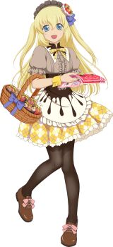 Rule 34 | 1girl, artist request, basket, black pantyhose, blonde hair, blue eyes, blue ribbon, brown shoes, colette brunel, dress, full body, game cg, gem, gold choker, hair ornament, highres, holding, holding basket, holding flyer, jewelry, long hair, looking at viewer, necklace, official art, open mouth, pantyhose, red gem, ribbon, shoes, smile, solo, tales of (series), tales of asteria, tales of symphonia, third-party source