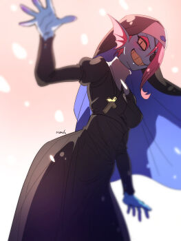 1girl absurdres backlighting bilingual_commentary blue_skin blurry blush breasts colored_skin colored_teeth commentary cross cross_necklace depth_of_field english_commentary eyepatch eyeshadow fins grin head_fins highres hip_focus jewelry latin_cross long_hair makeup mixed-language_commentary monster_girl multicolored_skin narrow_waist necklace no_nose noah_(tettsui-sole) nun nun_headdress palms pink_eyeshadow pink_hair ponytail purple_skin robe safety_pin sharp_teeth simple_background slit_pupils smile solo spread_fingers teeth traditional_nun two-tone_skin undertale undyne utdr_(toby_fox) v-shaped_eyebrows yellow_teeth