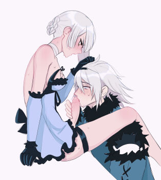 1boy 1girl absurdres backless_outfit bandaged_neck bandages black_gloves blue_eyes blue_negligee blush braid braided_hair_rings breasts brown_eyes commentary erection eyelashes fellatio from_side fur-trimmed_collar fur-trimmed_sleeves fur-trimmed_vest fur_trim futa_with_male futanari gloves hair_between_eyes hair_rings hand_on_another&#039;s_head highres invisible_chair kaine_(nier) lingerie negligee nier nier_(brother) nier_(brother)_(post_timeskip) nier_(series) oral penis profile short_hair shoulder_blush sitting skindentation thigh_strap underwear vest wawuku white_background white_hair