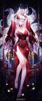1girl absurdres animal_ear_fluff animal_ears armpits arms_up bare_shoulders barefoot barefoot_sandals_(jewelry) breasts bug butterfly candle character_request chinese_commentary cleavage commentary_request copyright_request covered_navel dress flower fox_ears fox_girl hair_flower hair_intakes hair_ornament highres insect jianshu kitsune kyuubi large_breasts long_dress long_hair looking_at_viewer multiple_tails nail_polish parted_lips purple_eyes red_flower red_nails red_rose rose side_slit solo tail thighs white_hair yellow_butterfly