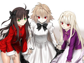 Rule 34 | 3girls, absurdres, arcueid brunestud, arima miyako, black shorts, blonde hair, blue notuki, breasts, brown hair, chinese clothes, company connection, crossover, dress, eco-arc, fate/stay night, fate (series), green eyes, group picture, highres, illyasviel von einzbern, jacket, long hair, melty blood, multiple girls, purple shirt, red eyes, red jacket, shirt, shorts, sitting, skirt, slit pupils, tsukihime, tsukihime (remake), white dress, white skirt