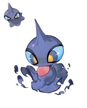 :p animal_focus bairizuomeng blue_sclera colored_sclera commentary floating full_body gen_3_pokemon ghost grey_eyes highres horns looking_at_viewer nintendo no_humans pokemon pokemon_(creature) pokemon_focus reference_inset shuppet simple_background single_horn solo symbol-only_commentary tongue tongue_out white_background yellow_pupils